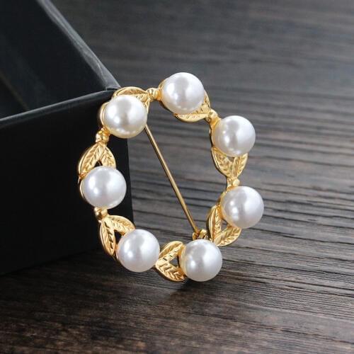 7 Simulated Pearl Beads Golden Engraved Leaves Garland Elegant Brooches For Women