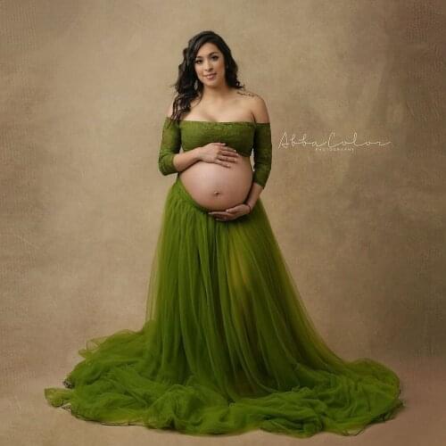 Elegant Army Green 2 Piece Set Lace Mini Top And Long Tulle See Thru Skirt 2021 Maternity Dress To Photo-shoot Off The Shoulder