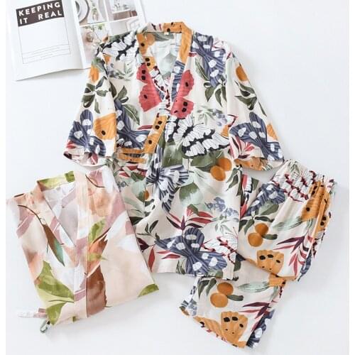 Japanese-style Kimono Two-piece Suit Female Summer Viscose Three-quarter Sleeve Trousers Pajamas Set Thin Home Service Cover