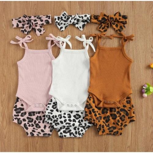 Summer Infant Newborn Girls 3 Pcs Outfits Suits Sleeveless Sling Tank Tops Romper Tops Leopard Shorts Headband Sets Babys Sets