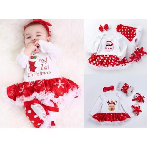 My First Christmas Clothes Sets For Baby Girls Cute Newborn Cotton Romper Ruffle Tutu Dresses 4 piece Clothing Sets Infant Gifts