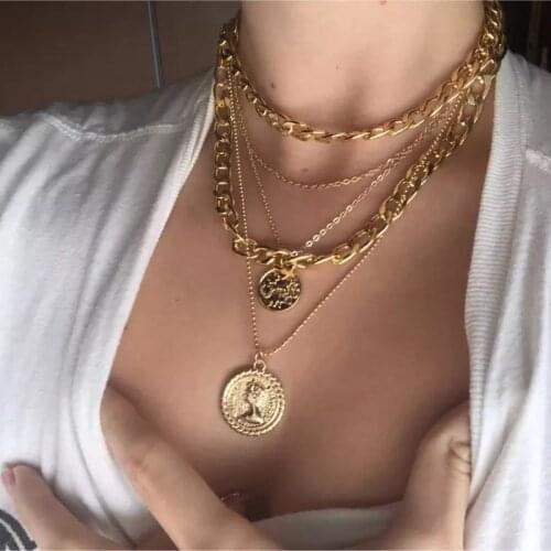 Fashion Bohemian Portrait Coin Pendant Necklace Retro Multilayer Chain Pendant Necklace Women Fashion Geometric Jewelry Gift