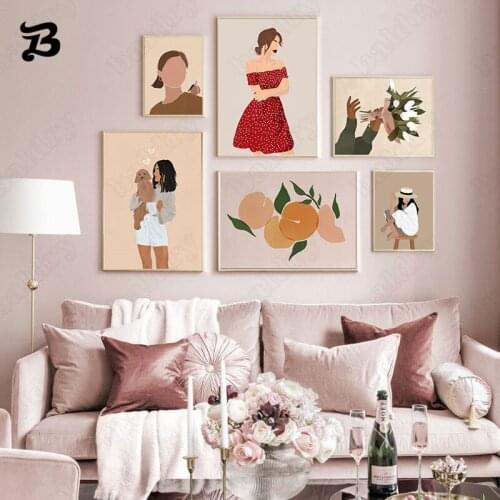 Fashion Vintage Girl Poster Abstract Minimalist Canvas Painting Wall Art Flowers Print Pictures for Fashion Girl Room Home Decor