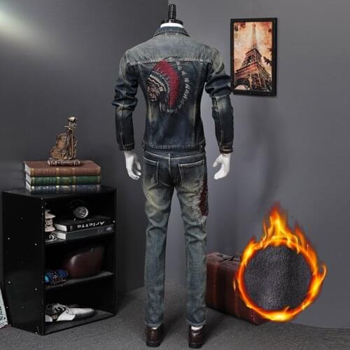 Fashion New Winter Warm Men Set Vintage Slim Embroidery Punk Long Sleeve Jaqueta Masculina Denim Pant Man 2 Piece Set Plus Size
