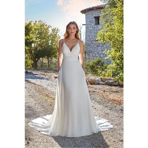 Ivory Satin Chiffon V-Neck Spaghetti Straps Floor-Length A-Line Wedding Dresses Chapel Train Bridal Gowns Custom Made