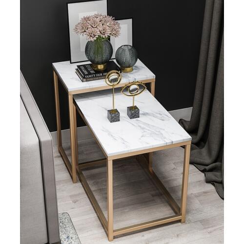 Iron sofa side table coffee table square marble table top black golden iron frame two table set