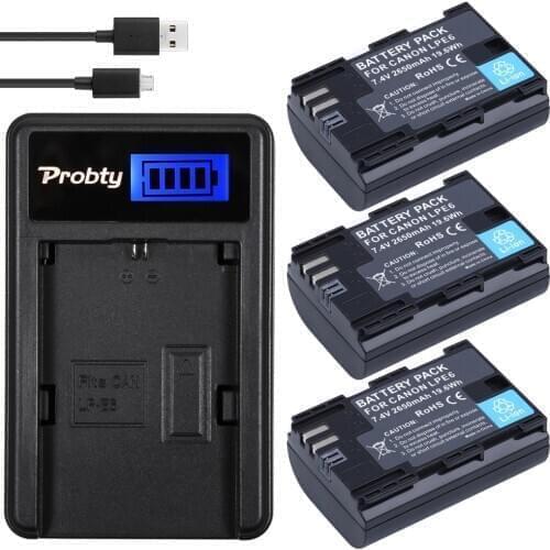 Probty 3Pcs 2650mAh LP-E6 LPE6 LP E6 Battery + LCD USB Charger For Canon 5D Mark II/III 6D 7D 60D 60Da 70D DSLR EOS 5DS Camera