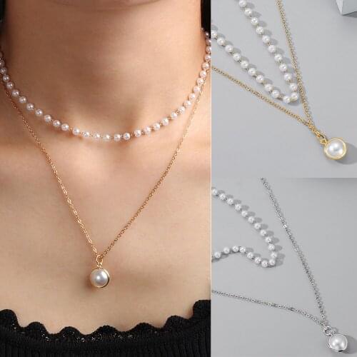 Simple Double Layers Chain Necklace Simulated Pearl Pendant Mini White Beads Choker Necklace Women Collarbone Jewelry Gift