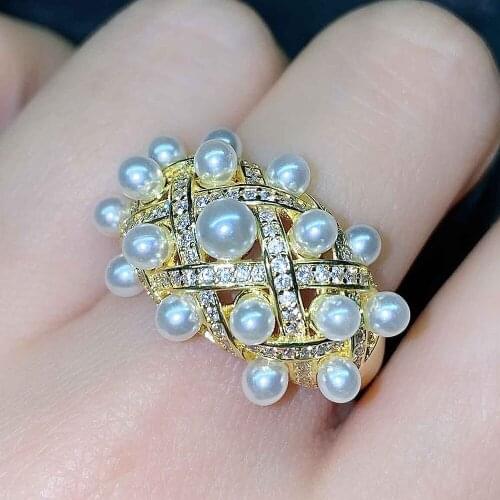 Chic Pearl Austrian Crystal Zircon Diamonds Gemstones Vintage Tassel Rings for Women 18k Gold Filled Jewelry Bands Accessory New