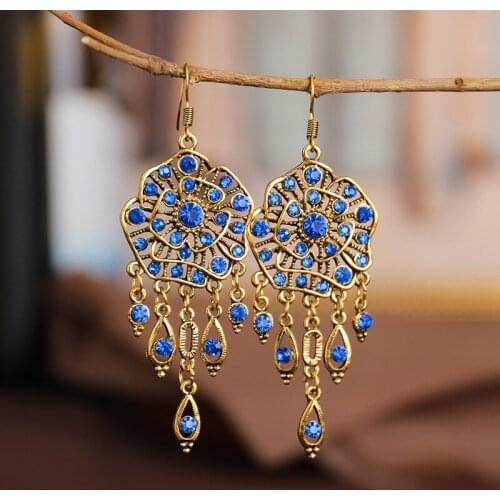 Vintage Bohemian Crystal Hollow Geometric Dangle Earrings for Women 2021 Retro Luxury Hook Earrings Party Jewelry