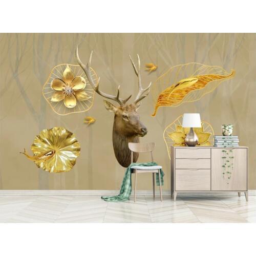 WDBH Custom photo mural 3d wallpaper Golden elk flower fish bird forest home decor 3d wall mural wallpaper for living room
