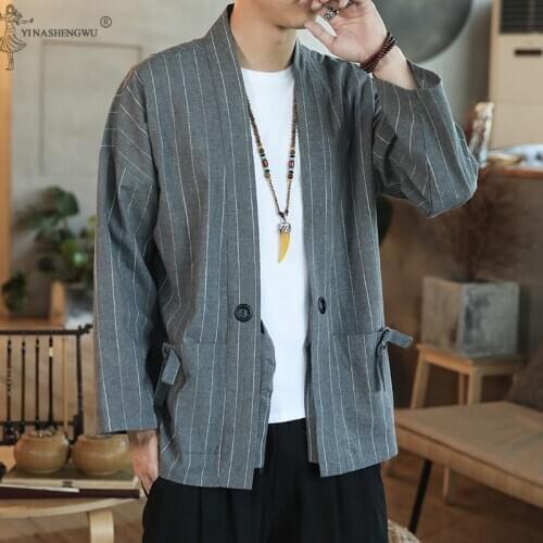 Japanese Kimono Cardigan Men Kimono Traditional Yukata Fashion Cotton Kimono Casual Shirt Jacket Linen Fabric Coat Asian Clothes