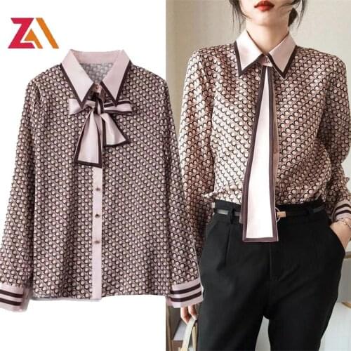 ZALady Vintage Letter Printed Womens Blouses Office Work OL Long Sleeve Bow Elegant Shirts Mujer Tops Femme Summer Autumn топ