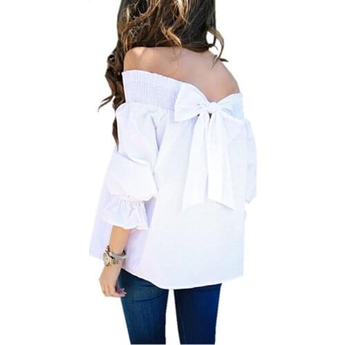2021 Women Autumn Fashion Shirts Three Quarter Bow White Slash Neck Off Shoulder Tops Sexy Puff Sleeve Blouses