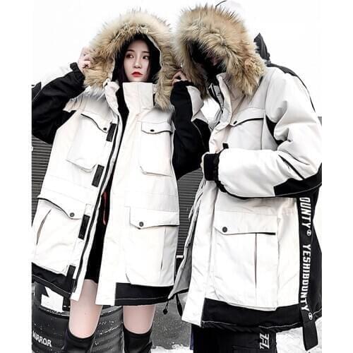 Unua amo 2021 Winter Coat Women Thick Warm Cotton-padded Parka Couple Wear Fashion Big Fur Collar Hooded Puffer Jacket Female