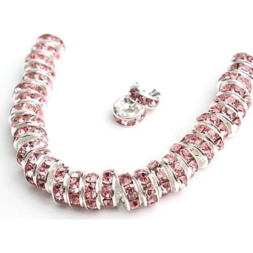 100pcs 6mm 8mm Pink Rhinestone Rondelles Loose Spacer Beads Metal Crystal Beads for Jewelry Making DIY Accessories