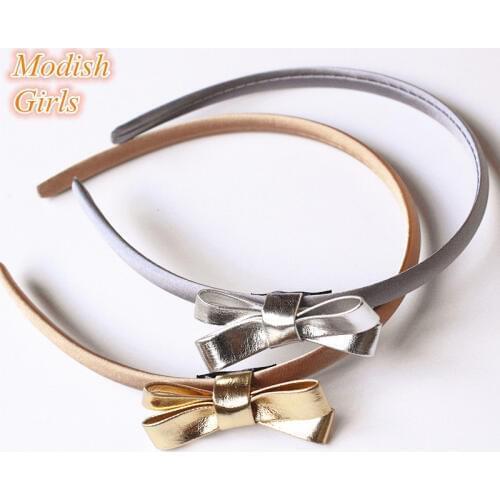 16pc/lot PU Leather Hairbands Cute Gold Bowknot Headbands Silver Baby Kids Artificial Leather Bows Hair For Children Princess