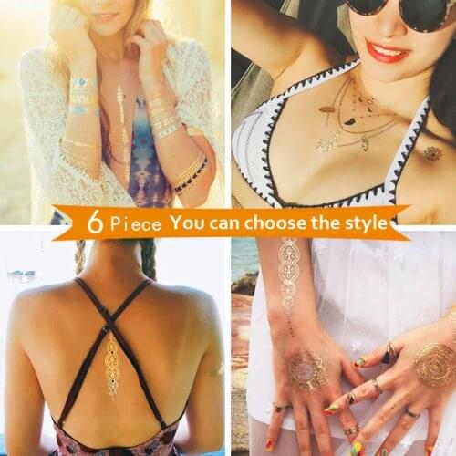 6 PCS/ lot Hot Flash Metallic Waterproof Temporary Tattoo Gold Silver Tatoo Women Flower Taty Design Tattoo Sticker