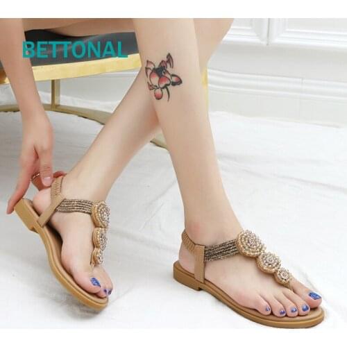 BETTONAL Rhinestone Flat Sandals Women Shoes Woman Summer Fashion Casual Bohemia Seaside Holiday Ladies Sandles Sandalias