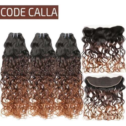 Ombre Color Water Wave Human Hair Bundles With Frontal T1B/4/30 Brazilian Remy Human Hair Weave Bundles with 13X4 Lace Closure