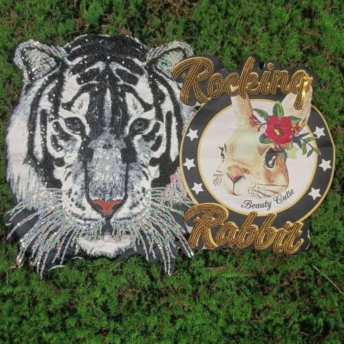 Design printing sequin beaded large embroidery big tiger cats eagle dogs horse panda animal cartoon patches for clothing HE-2