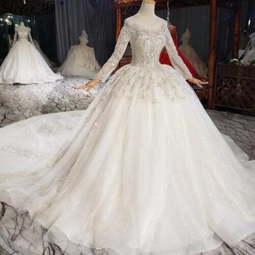 Dubai Ivory Long Sleeves High-end Wedding Dresses 2021 Sparkle Beading Luxury Lace Up Bridal Gowns HX0290 Custom Made