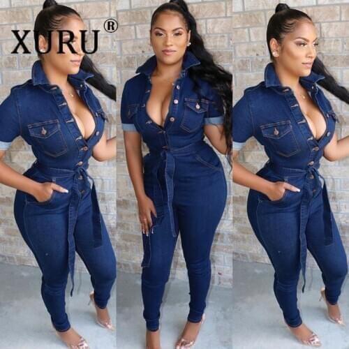 XURU Autumn Hot Womens Denim Jumpsuit Europe and The United States New Casual Sexy Jumpsuit with Belt