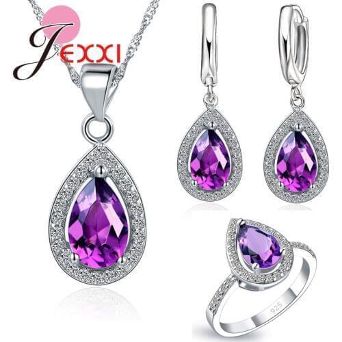 Elegant 925 Sterling Silver Original Wedding Jewelry Set Water Drop Pendant Necklace Earrings Rings AAA Zircon Size 6 7 8 9