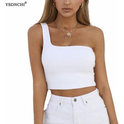 YSDNCHI Women One Shoulder Crop Tops Sleeveless Summer Sexy Lady Beach Summer Nightclub Fashion Clothes Female White Tees Black