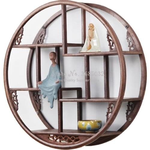 Round Wooden Wall Hanging Rack Wood Small Tea stand Ancient Solid Wood Chinese Teapot Tea Racks Antique Decorative Shelves