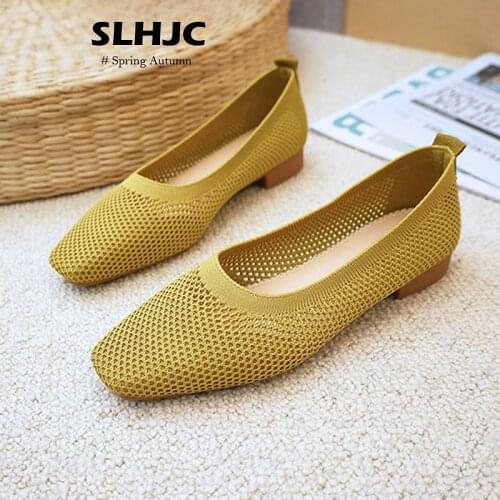 SLHJC Spring Summer Moccasin Shoes Casual Slip On Hollow Flats Women Knitting Fabric Sneakers Pregnant Mother Flats Shoes
