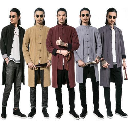 Mens Traditional Chinese Clothing Autumn Cotton Linen Long Trench Kung Fu Tai Chi Master Costume Male China Jacket CN-103