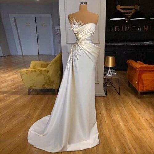 Eightale Feather Evening Dress One Shoulder Beaded White Pleats Satin Mermaid Formal Prom Dress Party dress robe de soiree