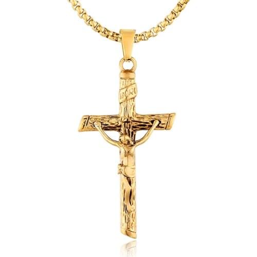 Gold Tone Cross Jesus 316L Stainless Steel Pendant Necklace Hip Hop Cuban within Cuban Link Crucifix Necklace
