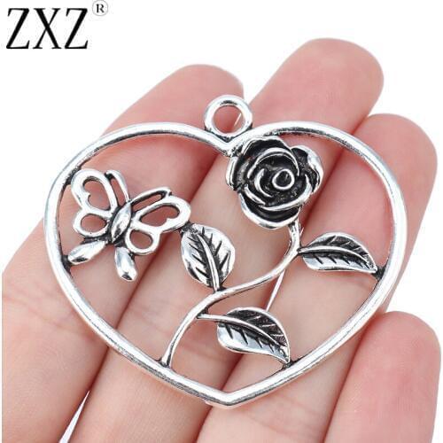 ZXZ 5pcs Tibetan Silver Hollow Open Heart Rose Flower Butterfly Charms Pendants For Necklace Jewelry Making 47x54mm
