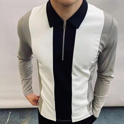 Spring Autumn Men Slim Polo Shirt Fashion Striped Patchwork Long Sleeve Turn-down Collar Zip-up Polo Shirts For Men Casual Tops