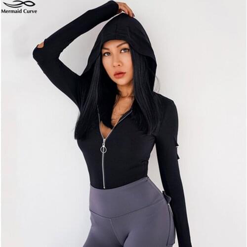 Mermaid curve Long Sleeve Hole Hooded Running T-shirt Siamese Yoga shirt Women Front Zipper Gym Fitness clothing Top Sportswear