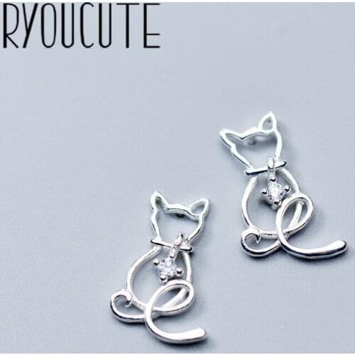 RYOUCUTE Real Silver Color Cat Earrings for Women Wedding Jewelry Korean Pure Silver Zircon Earring Pendientes Bijoux