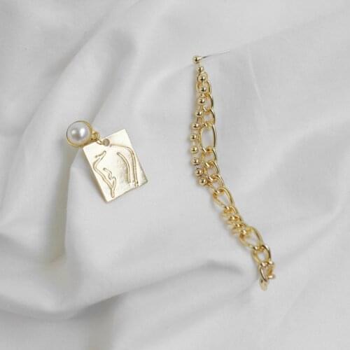 Euro-American Style Asymmetric Golden Tassel Chain Earrings Retro Temperamental Square Card Simulated-pearl Eardrop