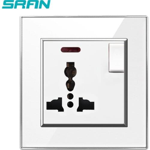 SRAN 3 hole multi-function wall power socket,with switch,13A 250V White crystal acrylic panel,86 * 86mm universal plug socket