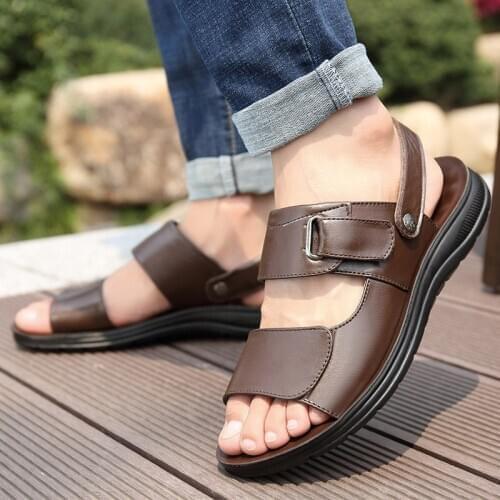 Comfortable dual-use beach sandals men shoes summer solid genuine leather slip-on shoes men sandals platform sandalias hombre
