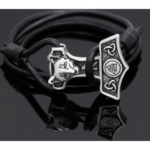 Youe shone Norse Viking Fox Thor Hammer Pendant Viking Leather Valknut Symbol Bracelet Triquetra Men Pendant Amulets Jewelry