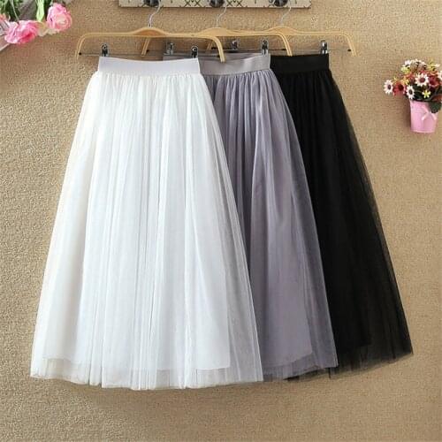 Korean New 3 layers Midi Summer Tulle Skirt Women 2020 Ladies Casual White Black High Waist Pleated Sun School Long Skirt Female