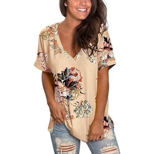 2021 Summer T Shirt Women Clothes Floral Print Short Sleeve Casual Loose Tops Fashion V Neck Streetwear Ladies Tee Shirt Femme
