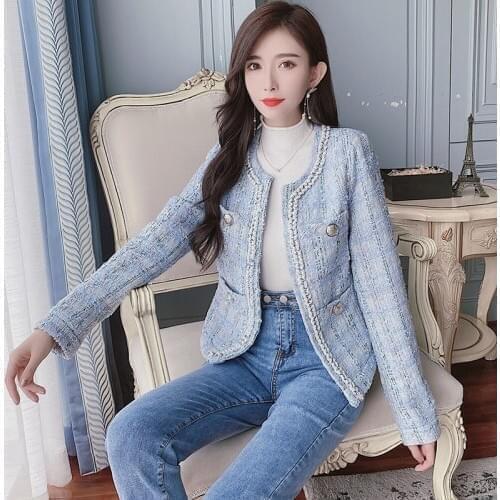 BLLOCUE Blue Tweed Jacket Coat 2020 Autumn Winter Elegant Womens Long Sleeve Woolen Plaid Weaving Pocket Runway Jacket