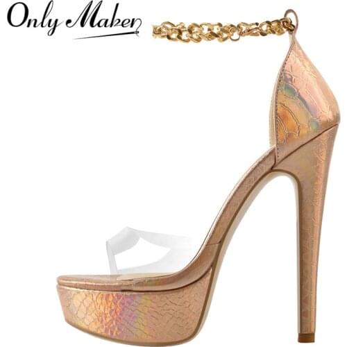 Onlymaker 2021 New Platform Sandals Summer Thin High Heel Women Ankle Metal Chain Patent Leather Crocodile Print PVC Shoes