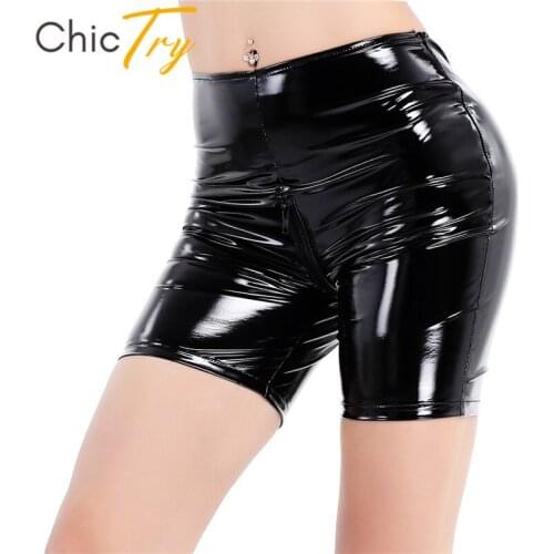ChicTry Women Welook Black Patent Leather Zippered Crotch Sexy Tight Shorts Nightclub Party Festival Rave Pole Dance Shorts