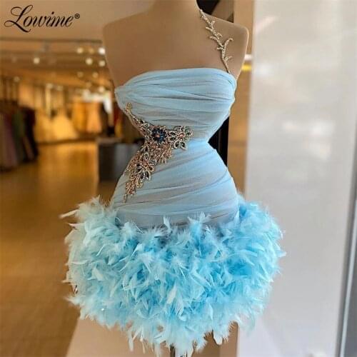 Blue Cocktail Dresses Party Gowns 2021 Feathers Beaded Crystals Short Graduation Dress Ball Gown Custom Made Evening Dress