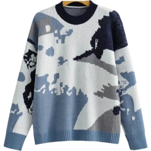 2021 Womens Sweater Pullovers Autumn Winter Knitwear Long Sleeve Loose Female Printed Jumpers Sweaters Tops