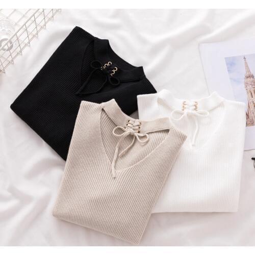 OUMENGKA Lace Up Crop Casual Women Sweater Autumn Winter Knitted Pullovers Long Sleeve V Neck Slim Jumper Tops Bandage Sweater